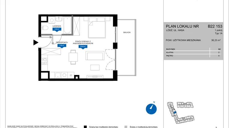 Rzut - Mieszkanie na sprzedaż 1 pokój o powierzchni 36,23 m² - numer B22 153 w Flow - bud. B2 A i bud. B2 B