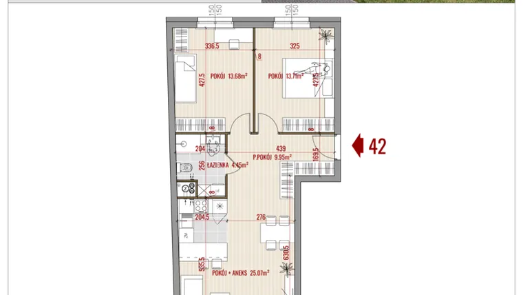 Rzut - Mieszkanie na sprzedaż 3 pokoje o powierzchni 66,86 m² - numer B1.42 w HUZAR B1