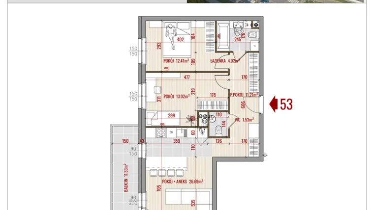 Rzut - Mieszkanie na sprzedaż 3 pokoje o powierzchni 68,88 m² - numer B1.53 w HUZAR B1