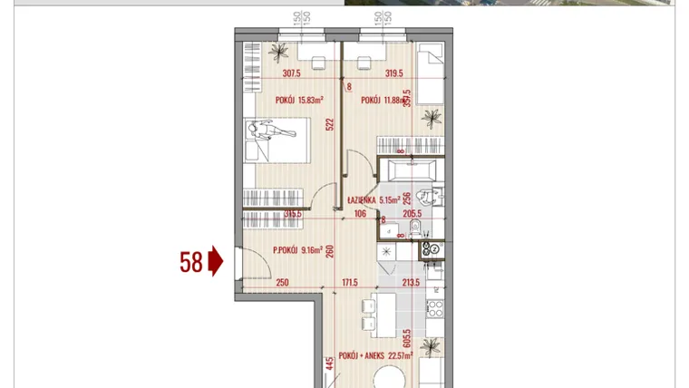 Rzut - Mieszkanie na sprzedaż 3 pokoje o powierzchni 64,59 m² - numer B1.58 w HUZAR B1
