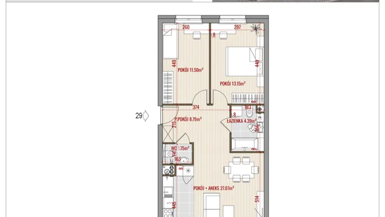 Rzut - Mieszkanie na sprzedaż 3 pokoje o powierzchni 66,65 m² - numer B2.29 w HUZAR B2
