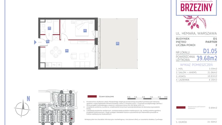Rzut - Mieszkanie na sprzedaż 2 pokoje o powierzchni 39,68 m² - numer D1.05 w Miasteczko Brzeziny II