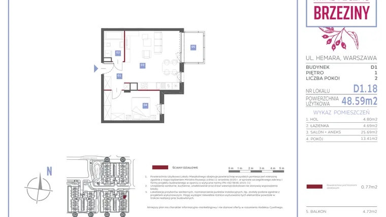 Rzut - Mieszkanie na sprzedaż 2 pokoje o powierzchni 48,59 m² - numer D1.18 w Miasteczko Brzeziny II