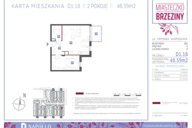 Rzut - Mieszkanie na sprzedaż 2 pokoje o powierzchni 48,59 m² - numer D1.18 w Miasteczko Brzeziny II