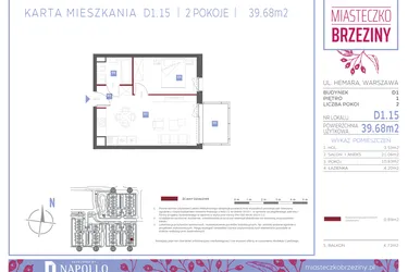 Rzut - Mieszkanie na sprzedaż 2 pokoje o powierzchni 39,68 m² - numer D1.15 w Miasteczko Brzeziny II