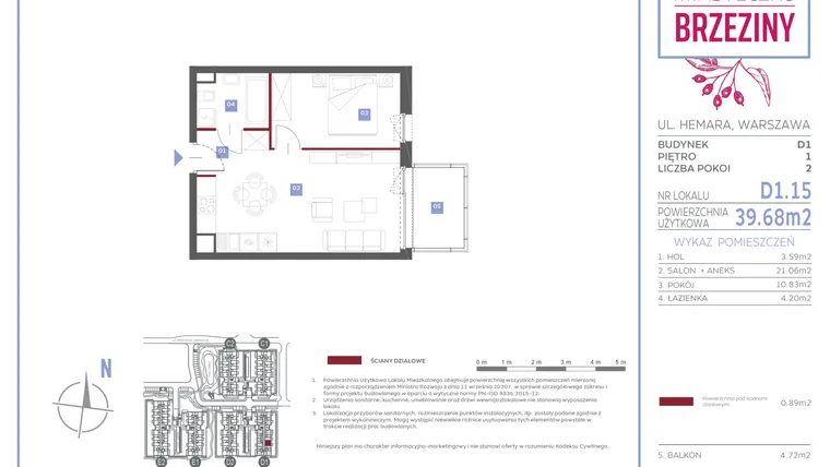 Rzut - Mieszkanie na sprzedaż 2 pokoje o powierzchni 39,68 m² - numer D1.15 w Miasteczko Brzeziny II