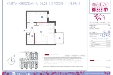 Rzut - Mieszkanie na sprzedaż 2 pokoje o powierzchni 48,59 m² - numer D1.28 w Miasteczko Brzeziny II