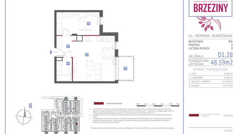 Rzut - Mieszkanie na sprzedaż 2 pokoje o powierzchni 48,59 m² - numer D1.28 w Miasteczko Brzeziny II