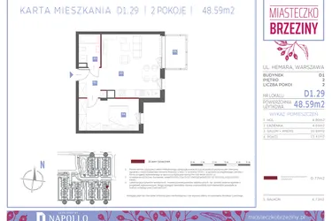 Rzut - Mieszkanie na sprzedaż 2 pokoje o powierzchni 48,59 m² - numer D1.29 w Miasteczko Brzeziny II