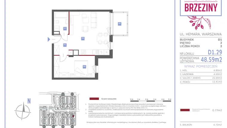 Rzut - Mieszkanie na sprzedaż 2 pokoje o powierzchni 48,59 m² - numer D1.29 w Miasteczko Brzeziny II