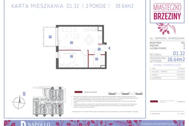 Rzut - Mieszkanie na sprzedaż 2 pokoje o powierzchni 38,64 m² - numer D1.32 w Miasteczko Brzeziny II