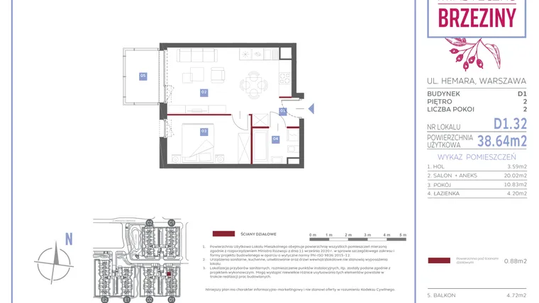 Rzut - Mieszkanie na sprzedaż 2 pokoje o powierzchni 38,64 m² - numer D1.32 w Miasteczko Brzeziny II