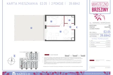 Rzut - Mieszkanie na sprzedaż 2 pokoje o powierzchni 39,68 m² - numer E2.05 w Miasteczko Brzeziny II
