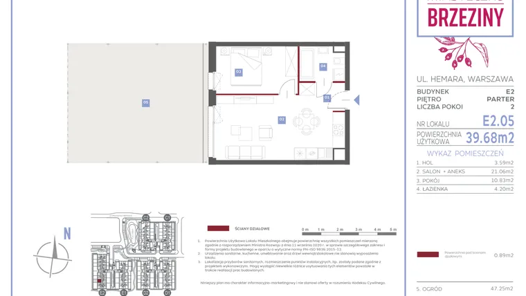 Rzut - Mieszkanie na sprzedaż 2 pokoje o powierzchni 39,68 m² - numer E2.05 w Miasteczko Brzeziny II
