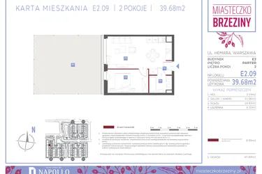 Rzut - Mieszkanie na sprzedaż 2 pokoje o powierzchni 39,68 m² - numer E2.09 w Miasteczko Brzeziny II