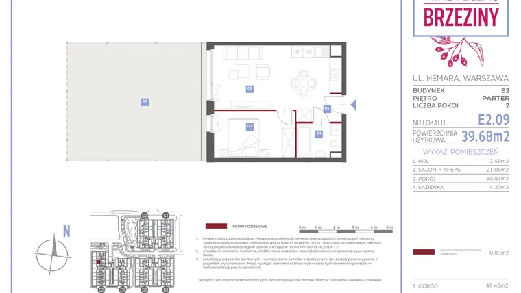 Rzut - Mieszkanie na sprzedaż 2 pokoje o powierzchni 39,68 m² - numer E2.09 w Miasteczko Brzeziny II