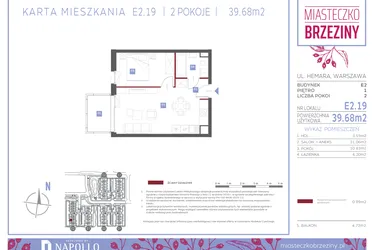 Rzut - Mieszkanie na sprzedaż 2 pokoje o powierzchni 39,68 m² - numer E2.19 w Miasteczko Brzeziny II