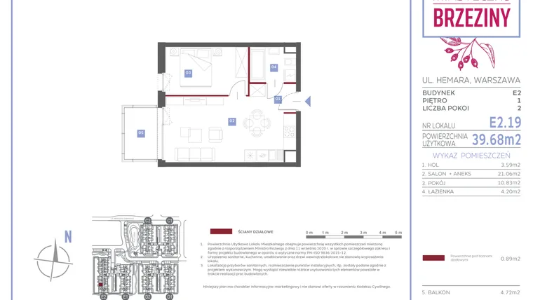 Rzut - Mieszkanie na sprzedaż 2 pokoje o powierzchni 39,68 m² - numer E2.19 w Miasteczko Brzeziny II