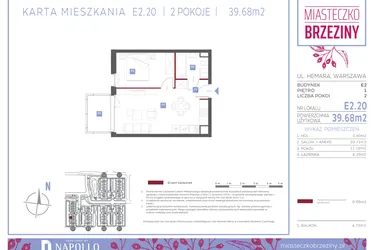 Rzut - Mieszkanie na sprzedaż 2 pokoje o powierzchni 39,68 m² - numer E2.20 w Miasteczko Brzeziny II
