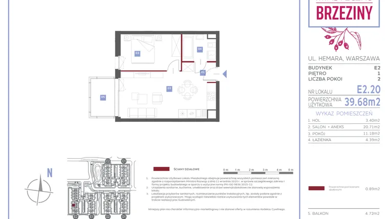 Rzut - Mieszkanie na sprzedaż 2 pokoje o powierzchni 39,68 m² - numer E2.20 w Miasteczko Brzeziny II