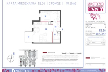 Rzut - Mieszkanie na sprzedaż 2 pokoje o powierzchni 48,59 m² - numer E2.36 w Miasteczko Brzeziny II