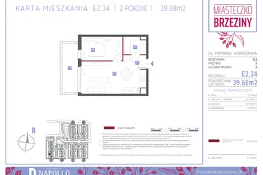 Rzut - Mieszkanie na sprzedaż 2 pokoje o powierzchni 39,68 m² - numer E2.34 w Miasteczko Brzeziny II