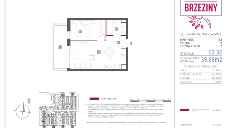 Rzut - Mieszkanie na sprzedaż 2 pokoje o powierzchni 39,68 m² - numer E2.34 w Miasteczko Brzeziny II