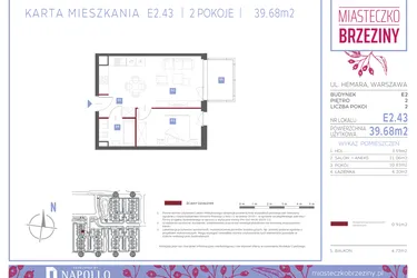 Rzut - Mieszkanie na sprzedaż 2 pokoje o powierzchni 39,68 m² - numer E2.43 w Miasteczko Brzeziny II
