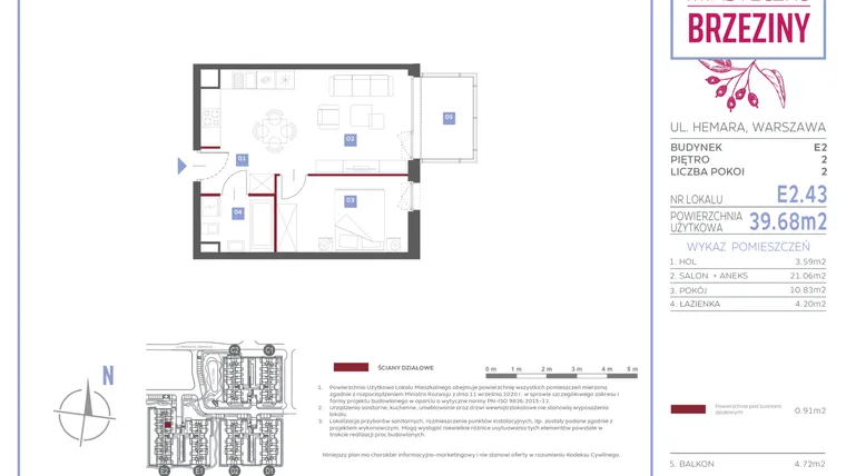 Rzut - Mieszkanie na sprzedaż 2 pokoje o powierzchni 39,68 m² - numer E2.43 w Miasteczko Brzeziny II