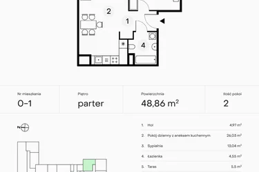 Rzut - Mieszkanie na sprzedaż 2 pokoje o powierzchni 48,86 m² - numer 0-1 w Pączka 1