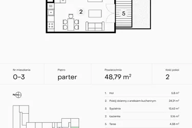 Rzut - Mieszkanie na sprzedaż 2 pokoje o powierzchni 48,79 m² - numer 0-3 w Pączka 1