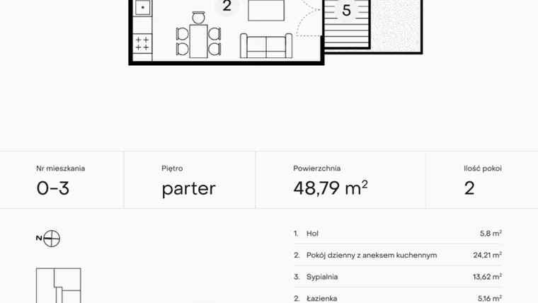 Rzut - Mieszkanie na sprzedaż 2 pokoje o powierzchni 48,79 m² - numer 0-3 w Pączka 1