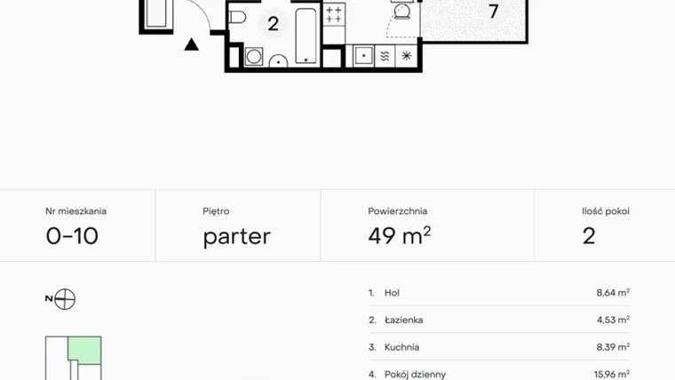 Rzut - Mieszkanie na sprzedaż 2 pokoje o powierzchni 49 m² - numer 0-10 w Pączka 1