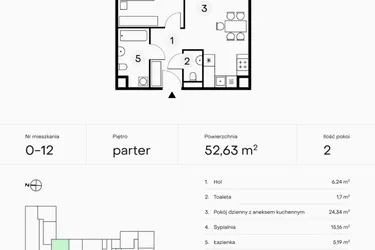 Rzut - Mieszkanie na sprzedaż 2 pokoje o powierzchni 52,63 m² - numer 0-12 w Pączka 1