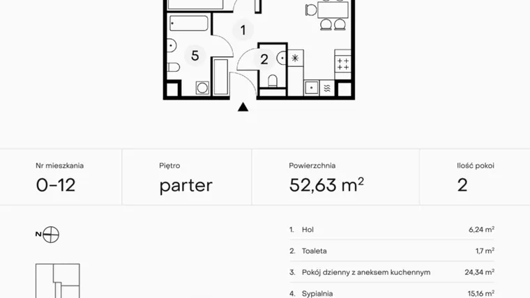Rzut - Mieszkanie na sprzedaż 2 pokoje o powierzchni 52,63 m² - numer 0-12 w Pączka 1