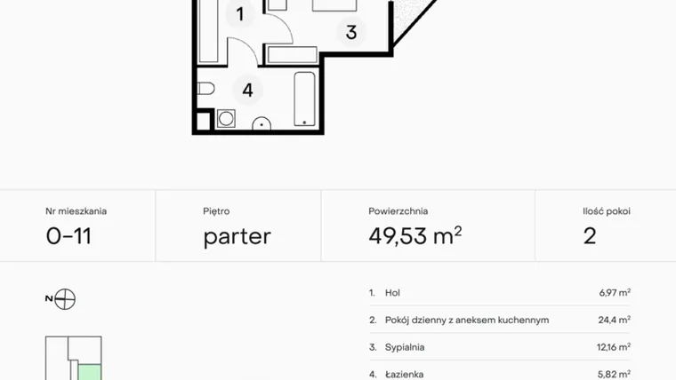 Rzut - Mieszkanie na sprzedaż 2 pokoje o powierzchni 49,53 m² - numer 0-11 w Pączka 1