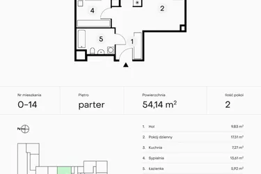 Rzut - Mieszkanie na sprzedaż 2 pokoje o powierzchni 54,14 m² - numer 0-14 w Pączka 1