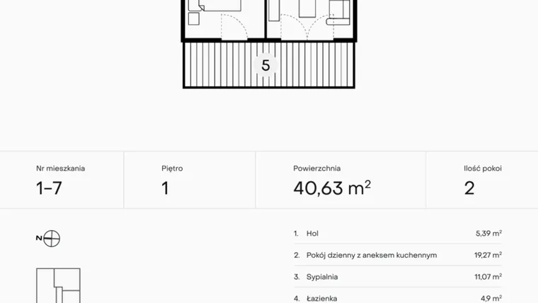 Rzut - Mieszkanie na sprzedaż 2 pokoje o powierzchni 40,63 m² - numer 1-7 w Pączka 1