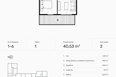 Rzut - Mieszkanie na sprzedaż 2 pokoje o powierzchni 40,53 m² - numer 1-6 w Pączka 1