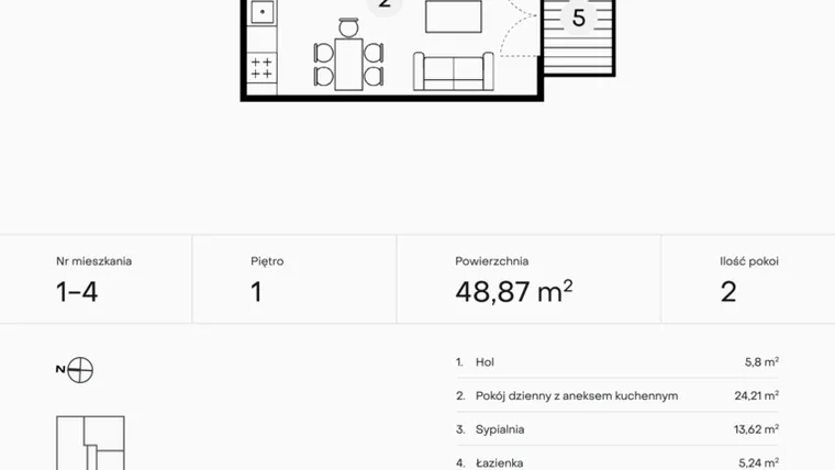 Rzut - Mieszkanie na sprzedaż 2 pokoje o powierzchni 48,87 m² - numer 1-4 w Pączka 1