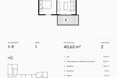 Rzut - Mieszkanie na sprzedaż 2 pokoje o powierzchni 40,63 m² - numer 1-9 w Pączka 1