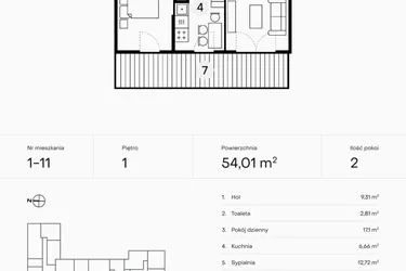 Rzut - Mieszkanie na sprzedaż 2 pokoje o powierzchni 54,01 m² - numer 1-11 w Pączka 1