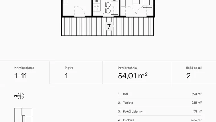 Rzut - Mieszkanie na sprzedaż 2 pokoje o powierzchni 54,01 m² - numer 1-11 w Pączka 1