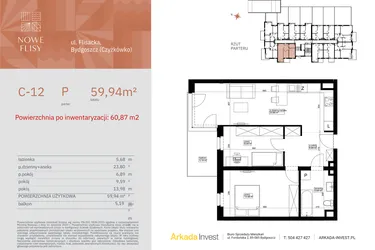 Rzut - Mieszkanie na sprzedaż 3 pokoje o powierzchni 60,87 m² - numer M12_NF.c w Nowe Flisy II