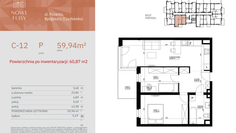 Rzut - Mieszkanie na sprzedaż 3 pokoje o powierzchni 60,87 m² - numer M12_NF.c w Nowe Flisy II