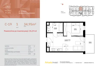 Rzut - Mieszkanie na sprzedaż 2 pokoje o powierzchni 35,19 m² - numer M19_NF.c w Nowe Flisy II