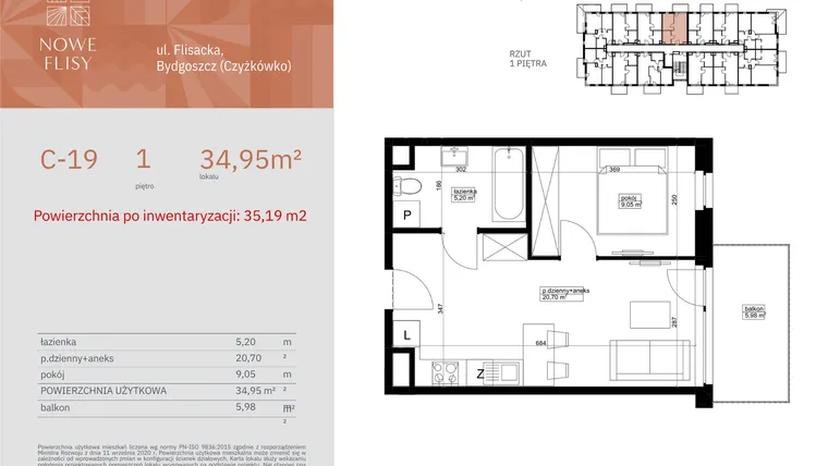 Rzut - Mieszkanie na sprzedaż 2 pokoje o powierzchni 35,19 m² - numer M19_NF.c w Nowe Flisy II
