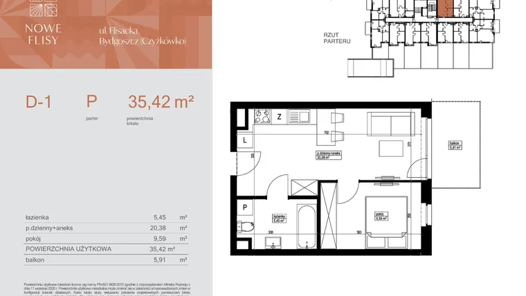 Rzut - Mieszkanie na sprzedaż 2 pokoje o powierzchni 35,42 m² - numer M1_NF.d w Nowe Flisy II
