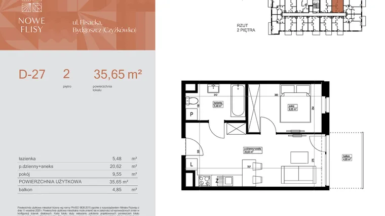 Rzut - Mieszkanie na sprzedaż 2 pokoje o powierzchni 35,89 m² - numer M27_NF.d w Nowe Flisy II