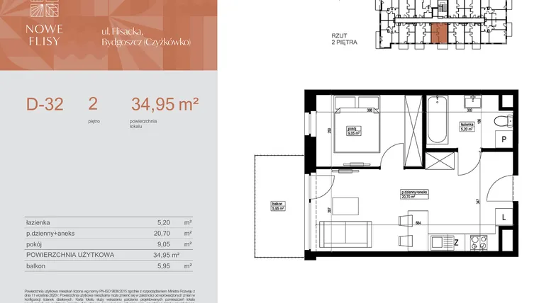 Rzut - Mieszkanie na sprzedaż 2 pokoje o powierzchni 35,16 m² - numer M32_NF.d w Nowe Flisy II